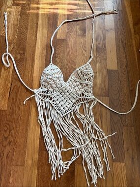 Handcrafted Boho Crochet Fringe Crop Top - Cream